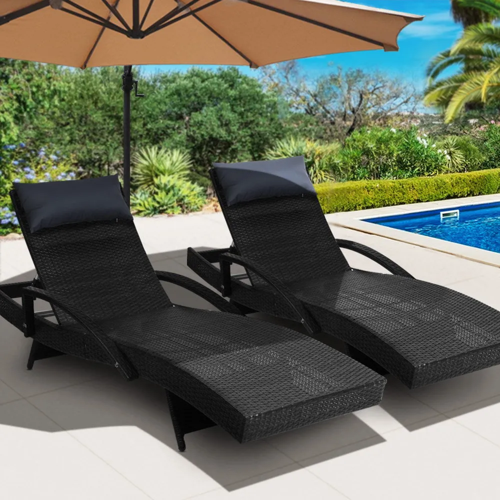 2x Outdoor Wicker Sun Lounges Bed Patio Sofa Banana Chair Sunbed Black