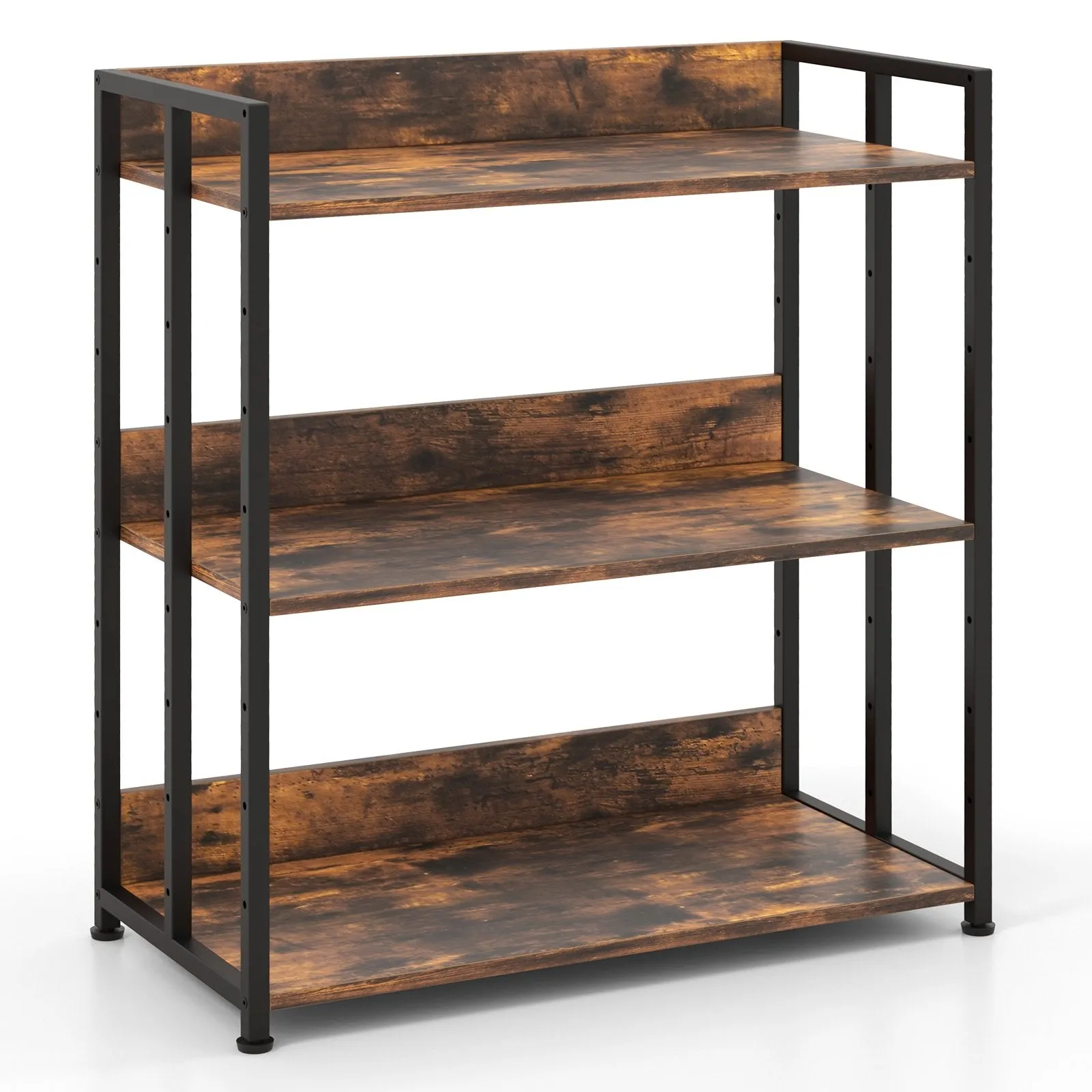 3-Tier Bookshelf with Adjustable Shelves and Metal Frame-Rustic Brown