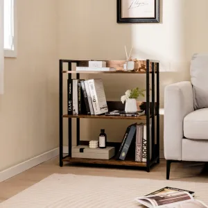 3-Tier Bookshelf with Adjustable Shelves and Metal Frame-Rustic Brown