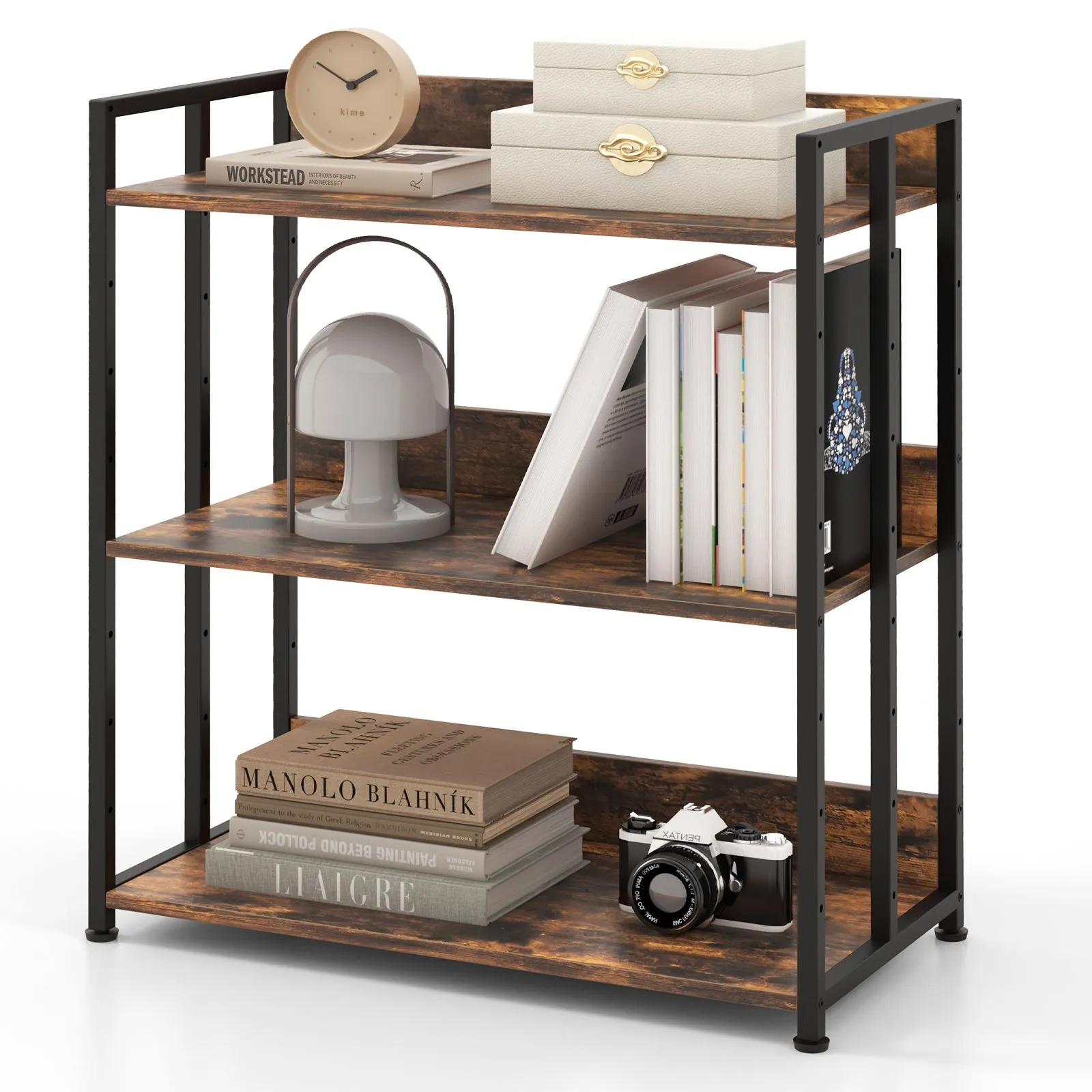 3-Tier Bookshelf with Adjustable Shelves and Metal Frame-Rustic Brown