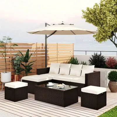 5-Piece Patio Furniture PE Rattan Wicker Sectional Lounger Sofa Set with Glass Table and Adjustable Chair (Brown Wicker, Beige C