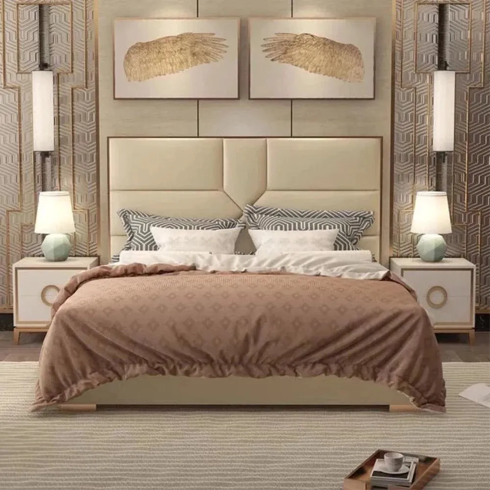 American Upholstered Bed In Beige Suede