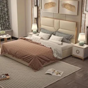 American Upholstered Bed In Beige Suede