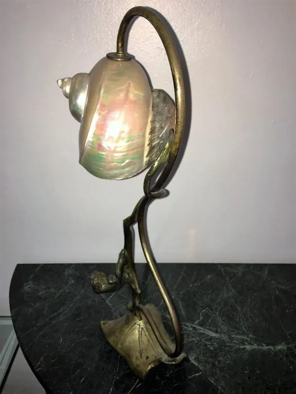 Art Nouveau Bronze Dragon Panther Lamp with Nautilus Shell Shade