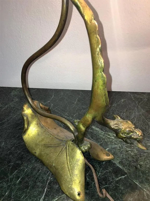 Art Nouveau Bronze Dragon Panther Lamp with Nautilus Shell Shade