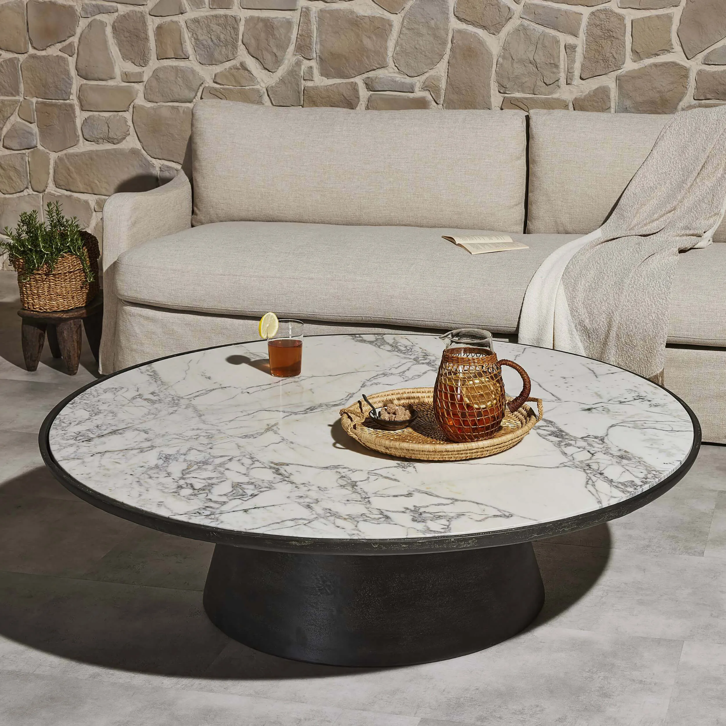 Balboa Outdoor Coffee Table, Veined White Marble