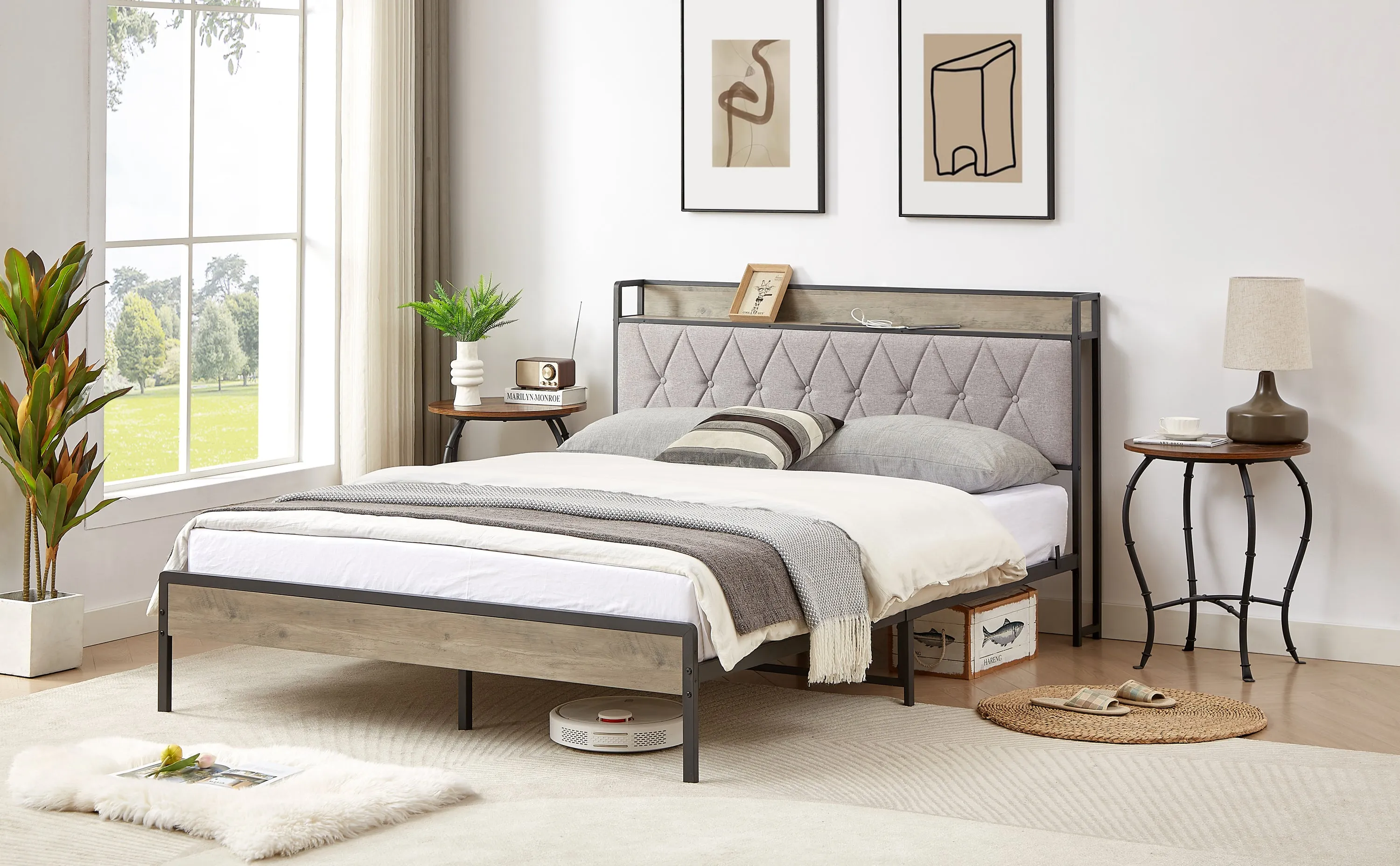 Bed frame with charging station Queen size,Grey, 87.8'' L x 61.8'' W x 39.2'' H.