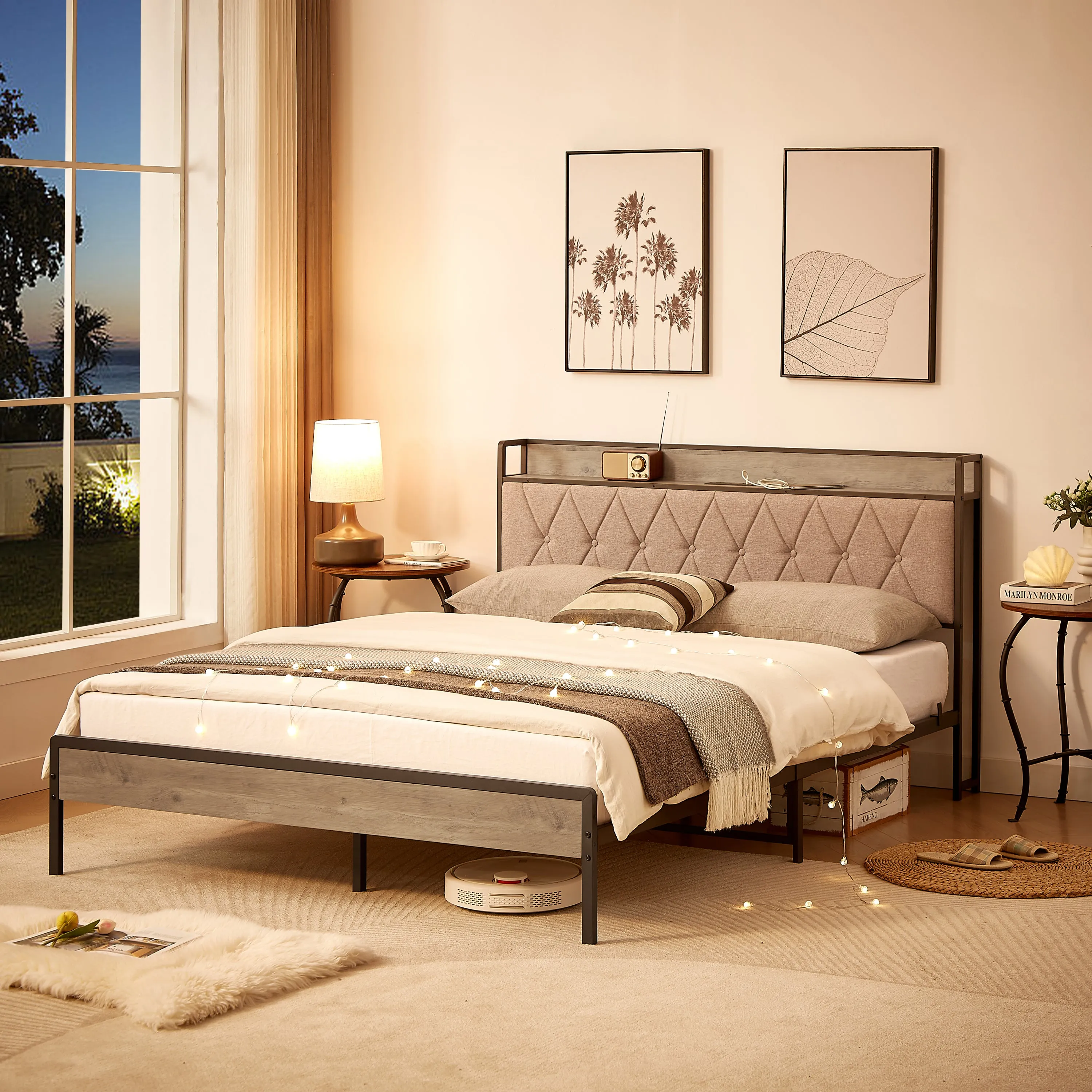 Bed frame with charging station Queen size,Grey, 87.8'' L x 61.8'' W x 39.2'' H.