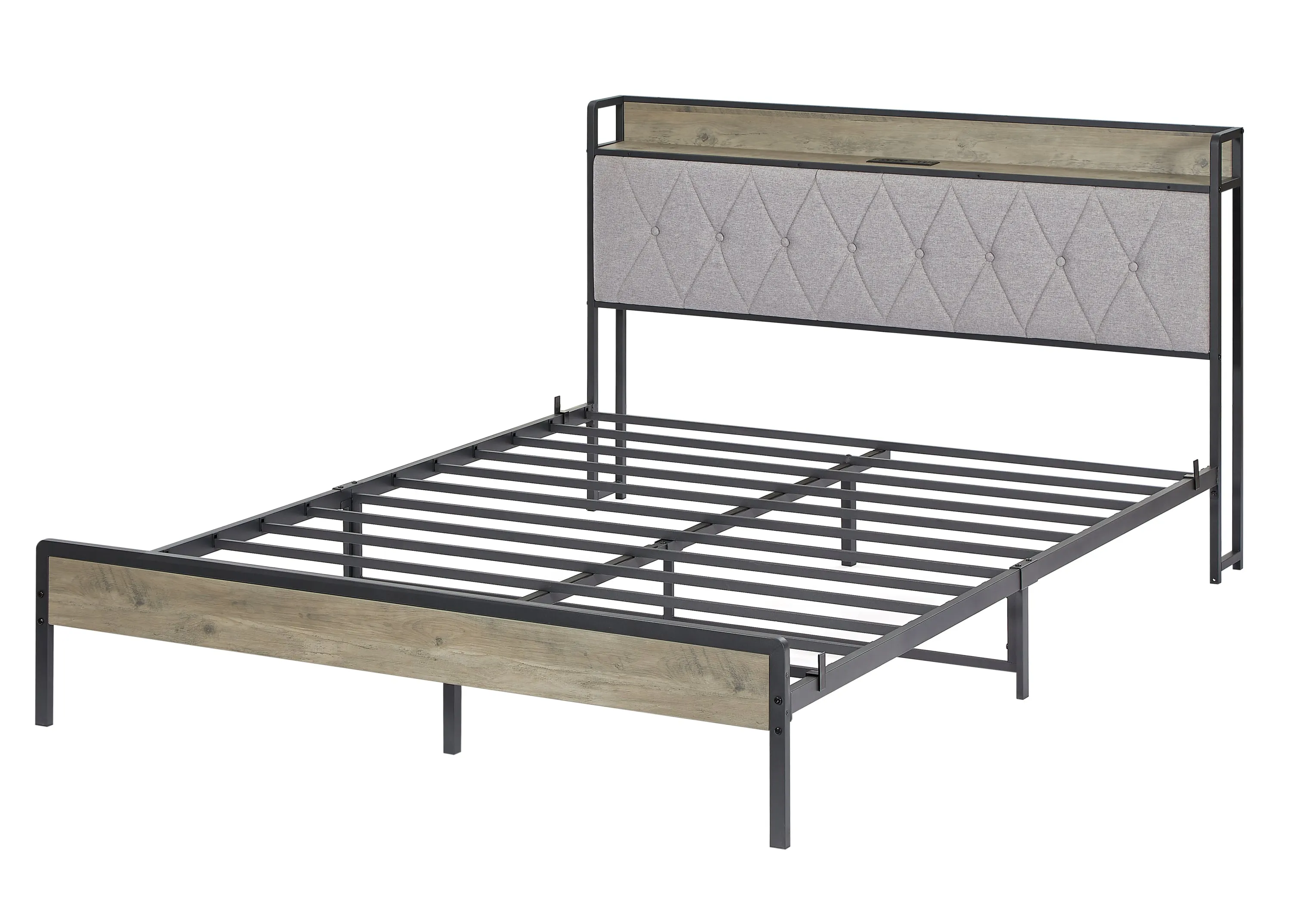 Bed frame with charging station Queen size,Grey, 87.8'' L x 61.8'' W x 39.2'' H.