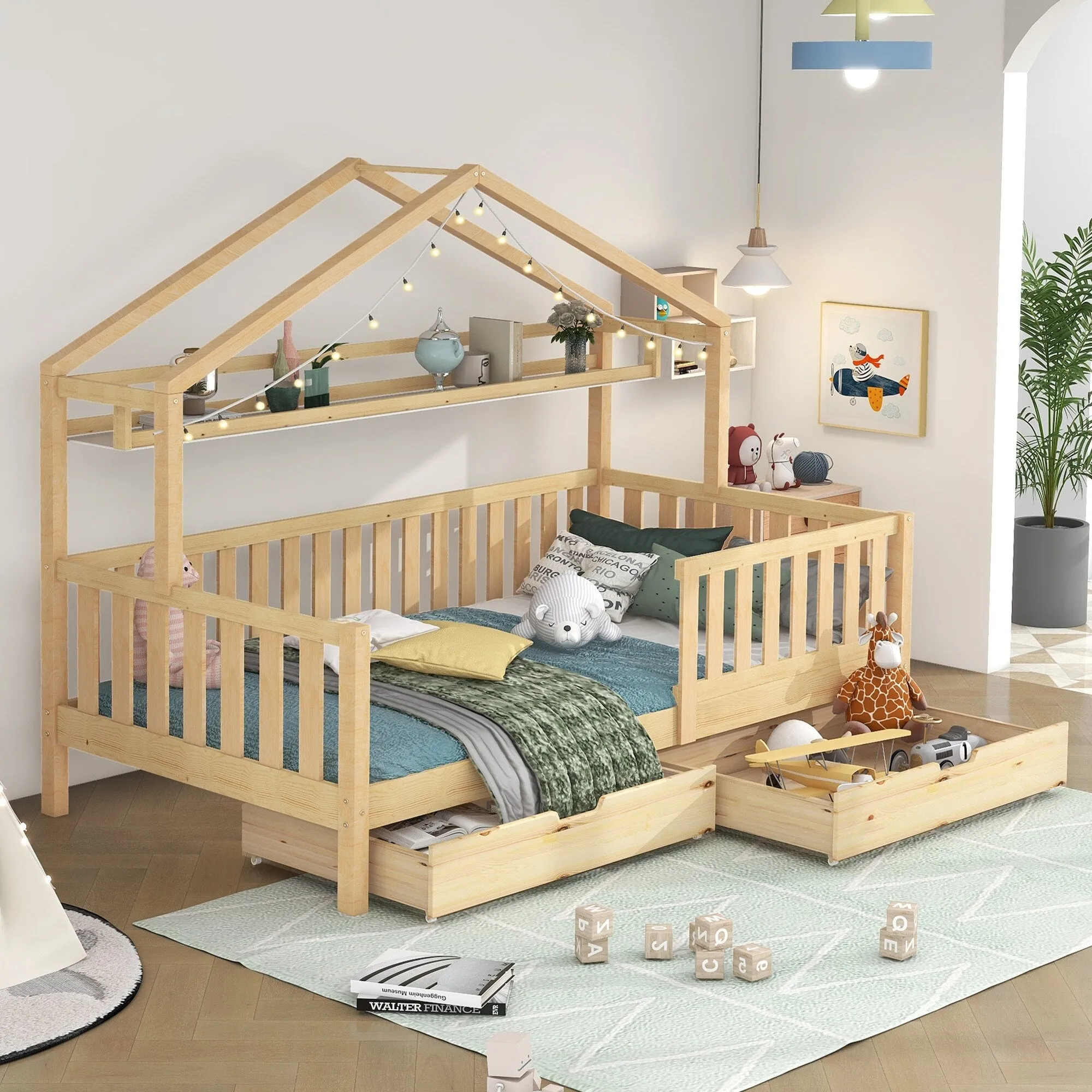 Burlywood House Bed for Children and Youth with Storage Drawers