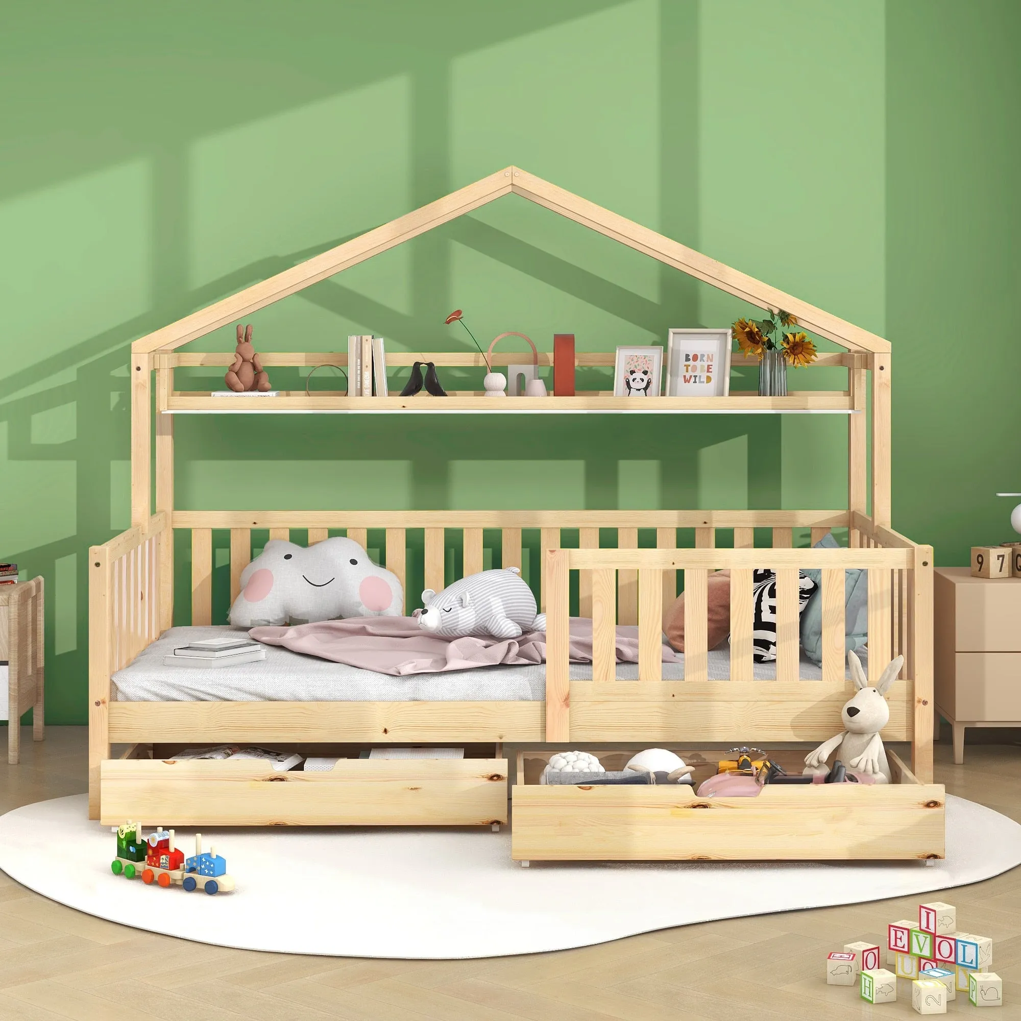 Burlywood House Bed for Children and Youth with Storage Drawers