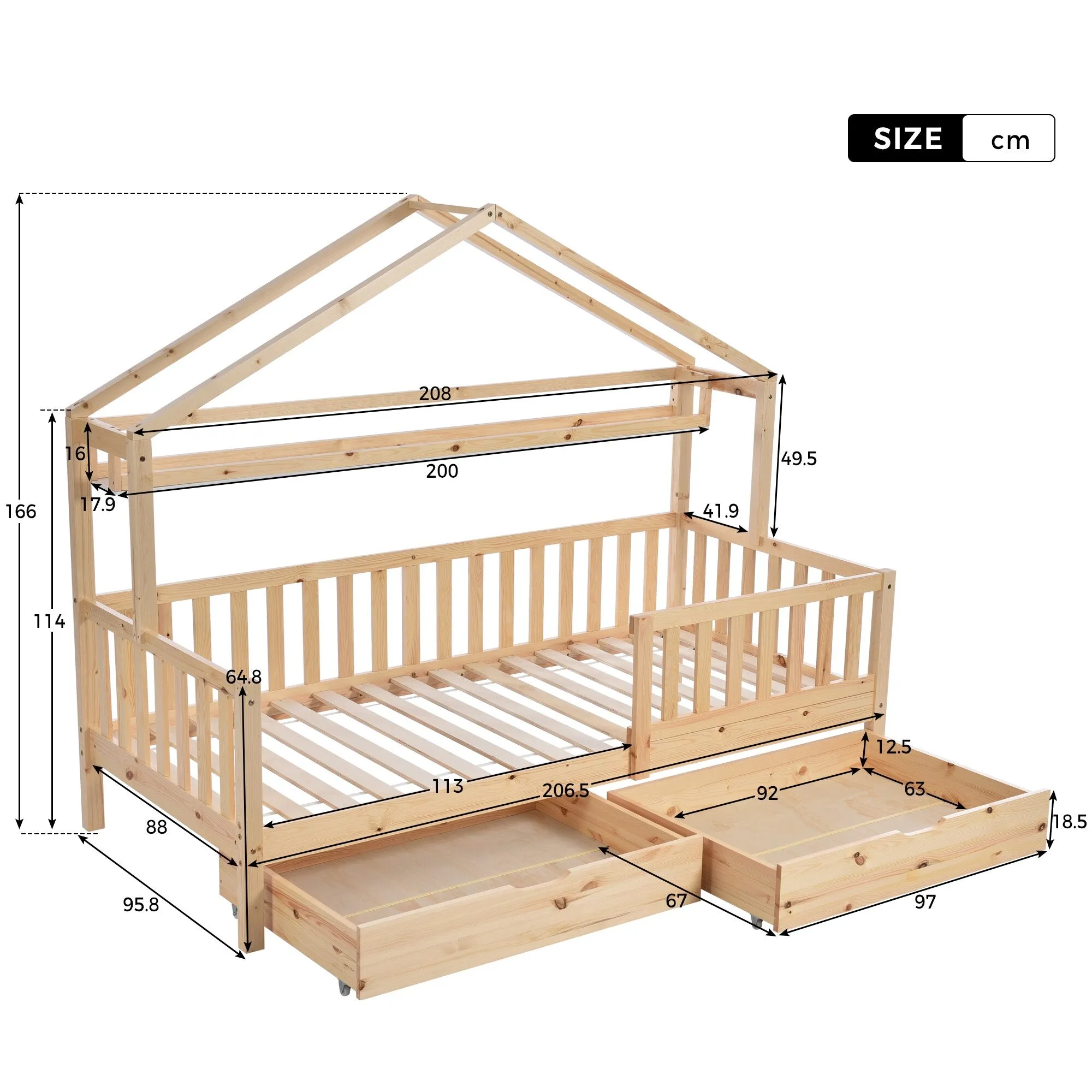 Burlywood House Bed for Children and Youth with Storage Drawers