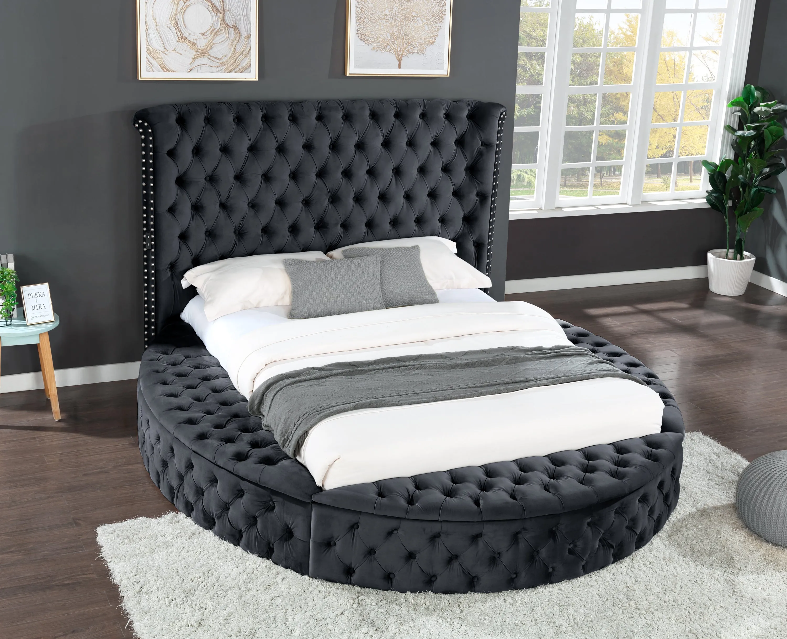 Carl Queen Round Bed Black with Bluetooth Speaker