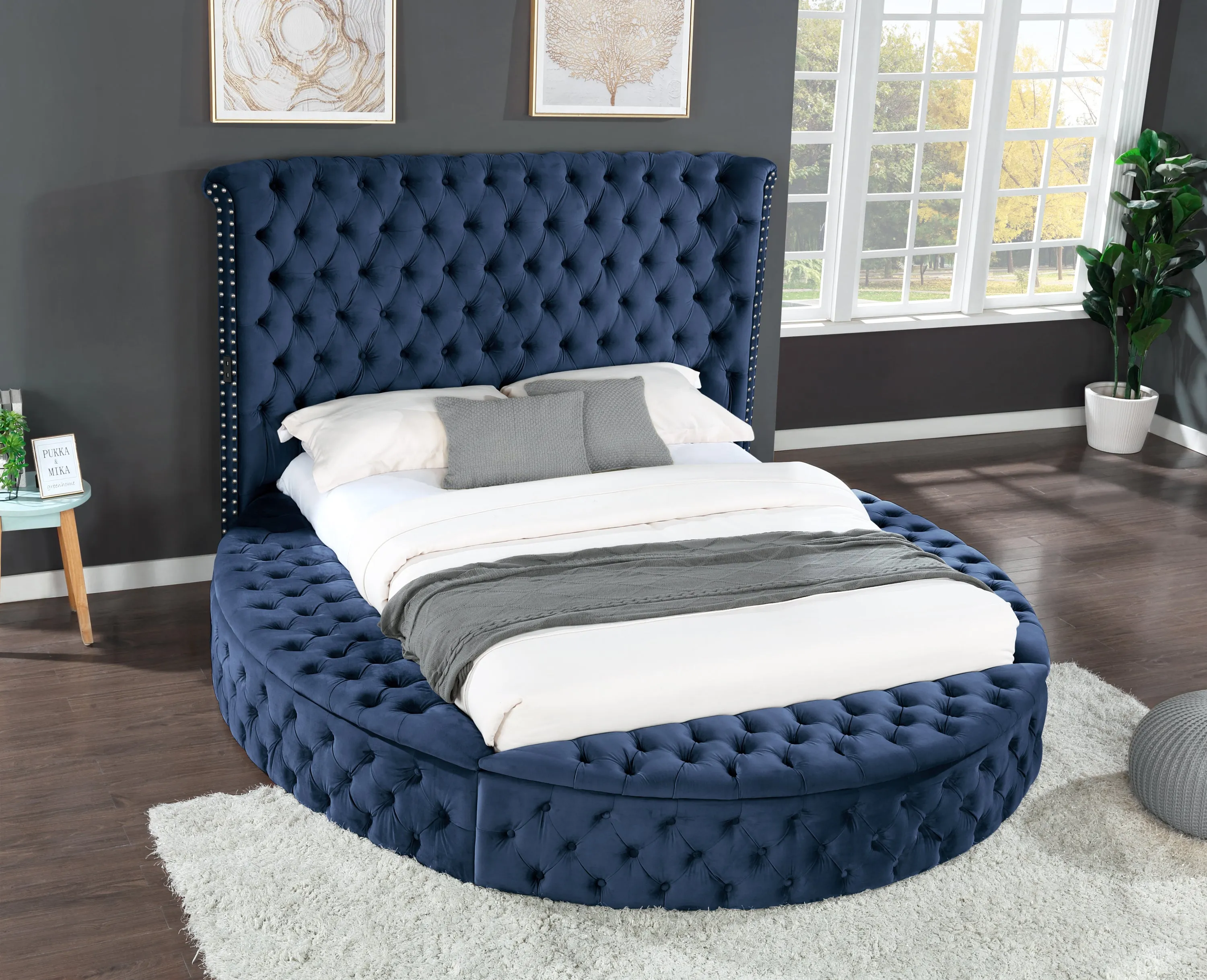 Carl Queen Round Bed Blue with Bluetooth Speaker