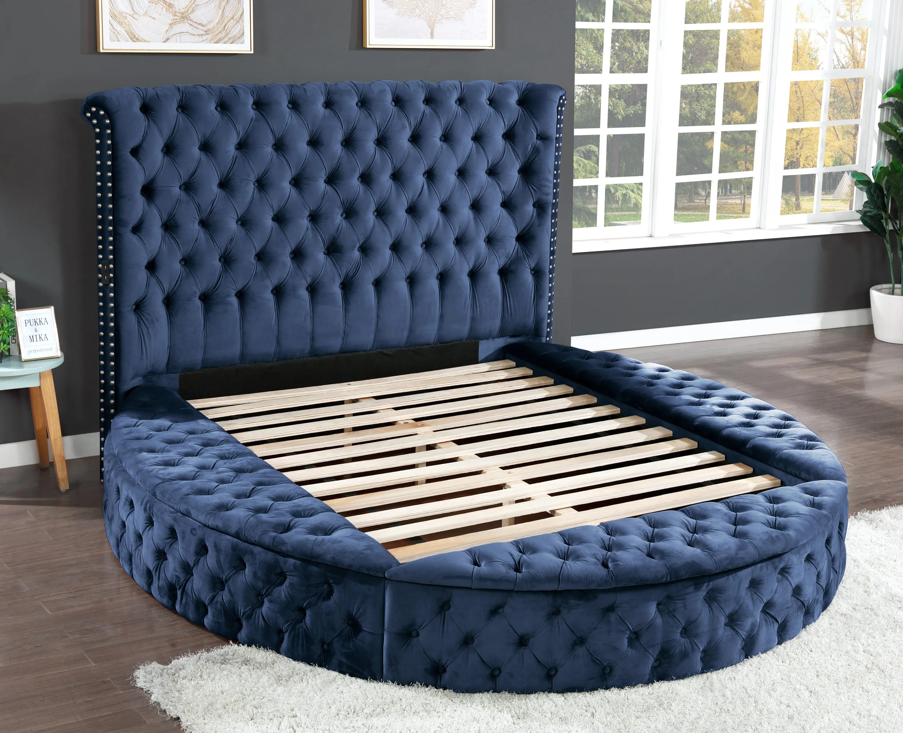 Carl Queen Round Bed Blue with Bluetooth Speaker