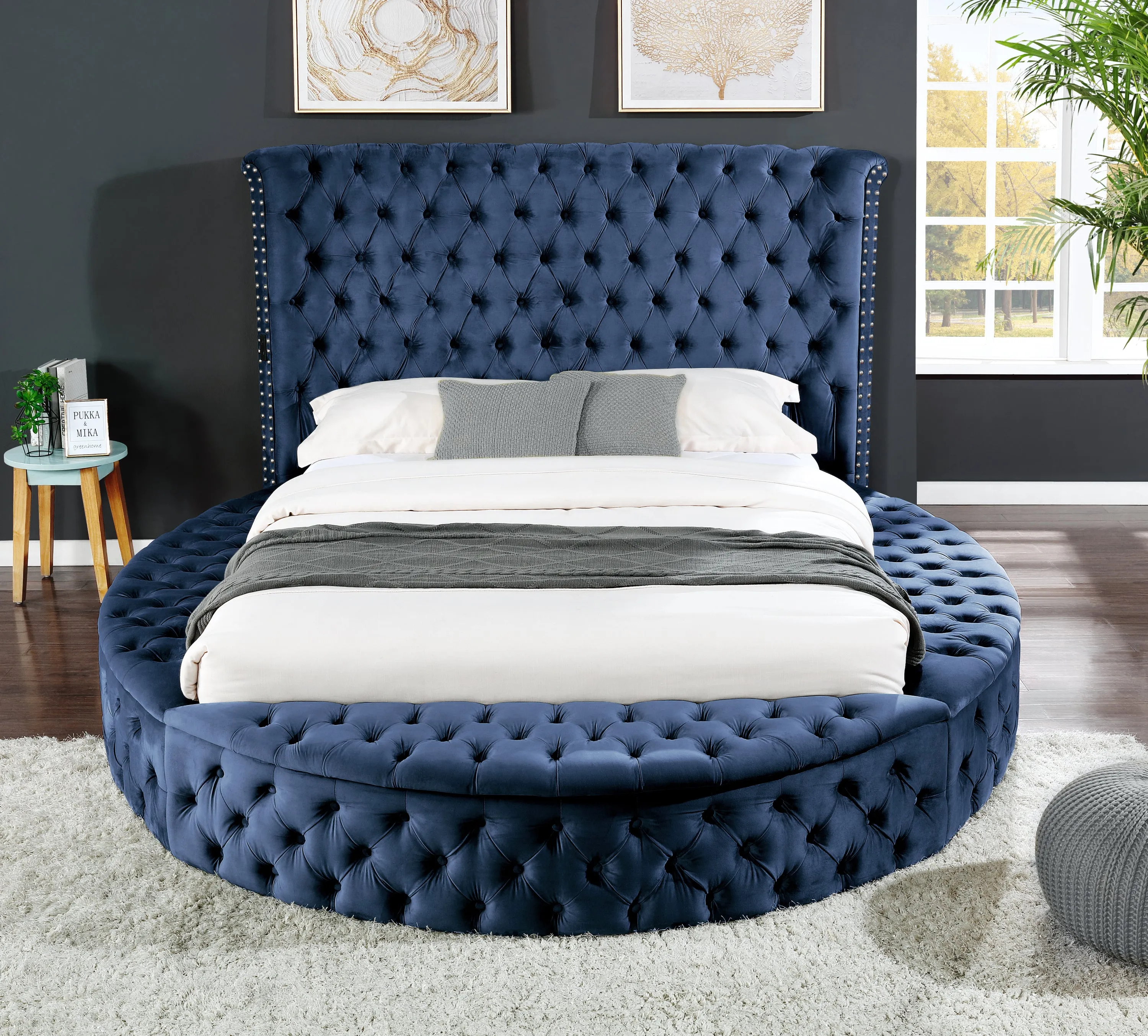 Carl Queen Round Bed Blue with Bluetooth Speaker