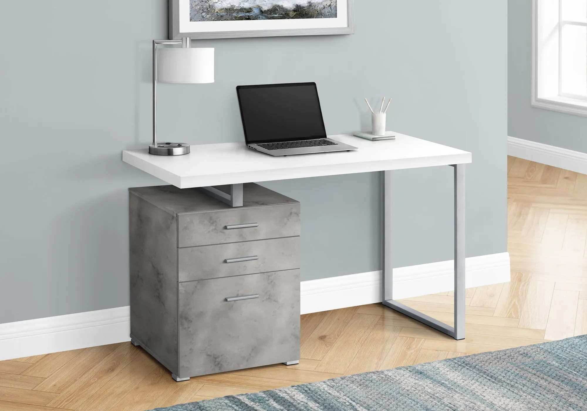 Computer Desk - 48"L / White/ Concrete/ Silver Metal/ L/R