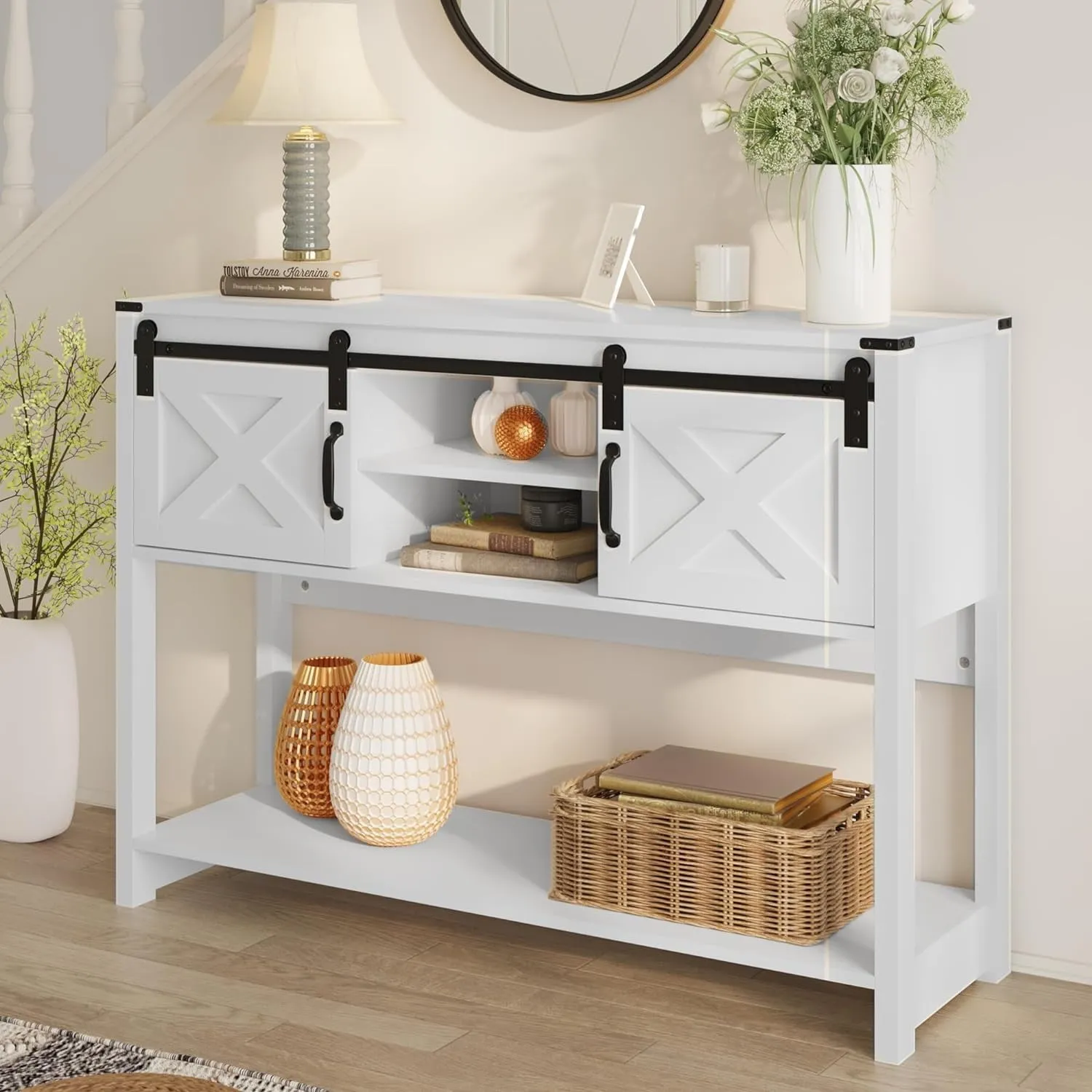 CozyHom Farmhouse Console Table with Storages&Shelves, Side Entryway Table With Sliding Barn Doors, White