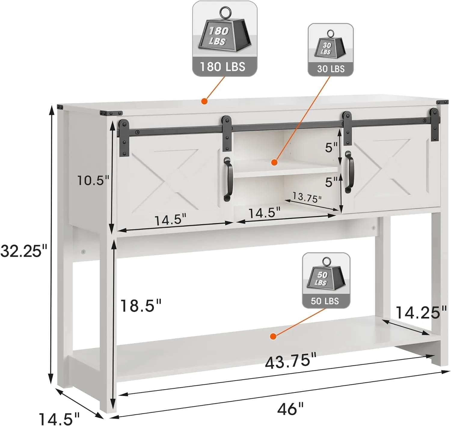 CozyHom Farmhouse Console Table with Storages&Shelves, Side Entryway Table With Sliding Barn Doors, White