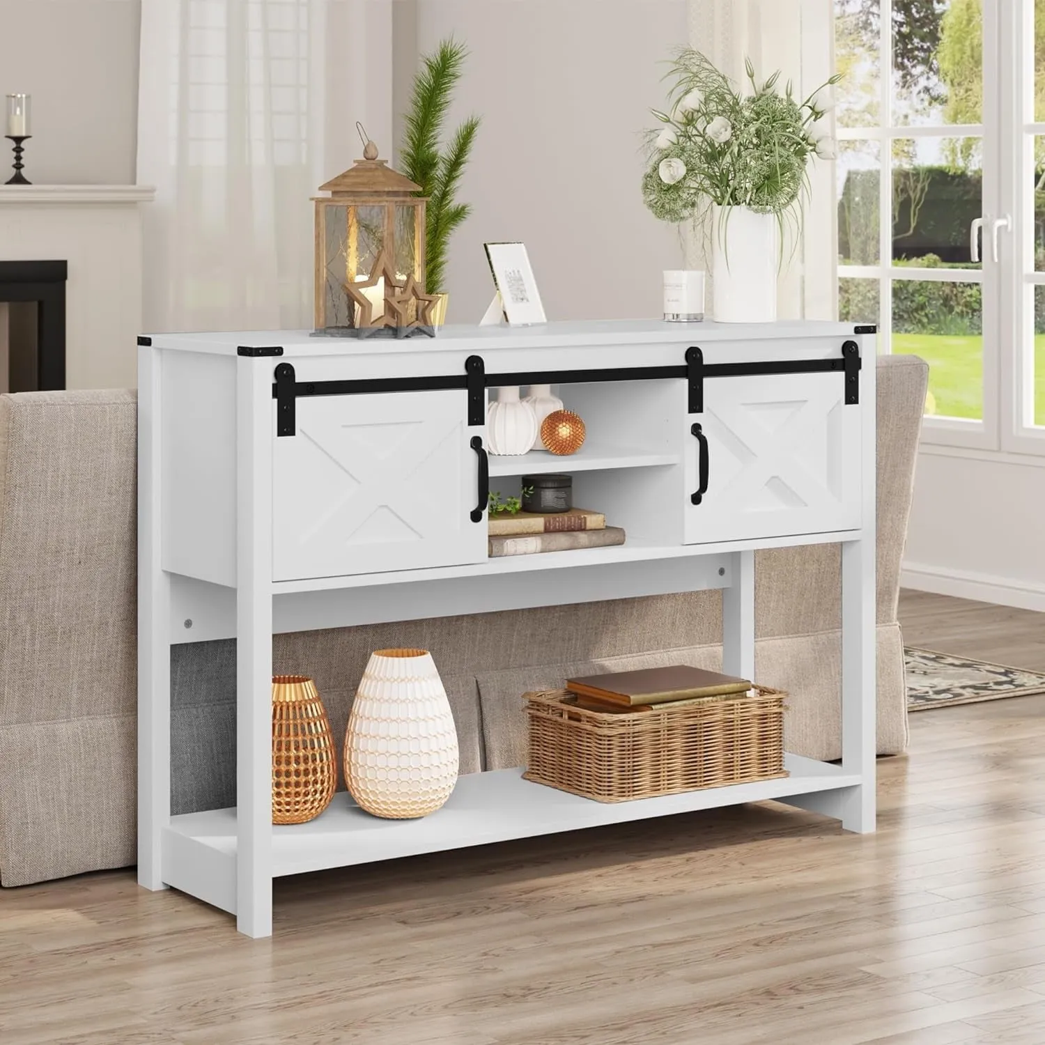 CozyHom Farmhouse Console Table with Storages&Shelves, Side Entryway Table With Sliding Barn Doors, White