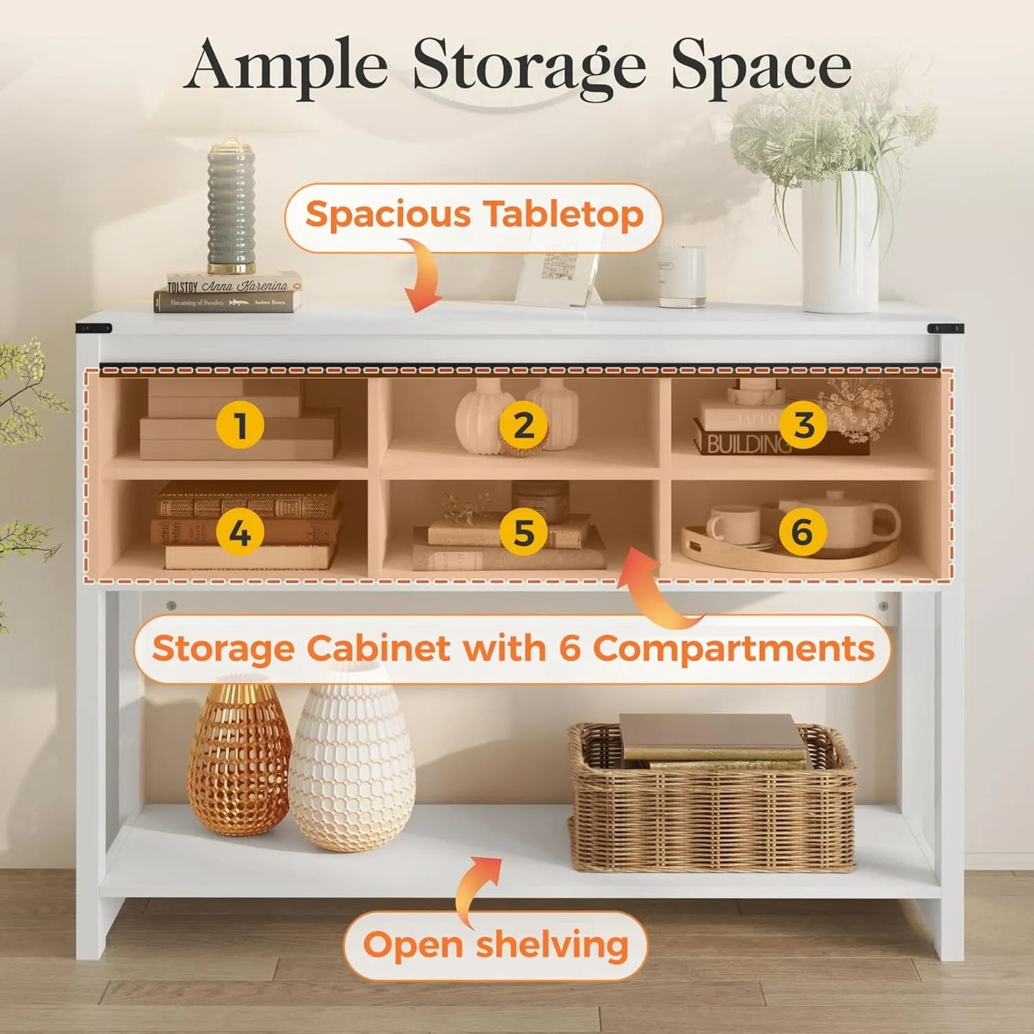 CozyHom Farmhouse Console Table with Storages&Shelves, Side Entryway Table With Sliding Barn Doors, White