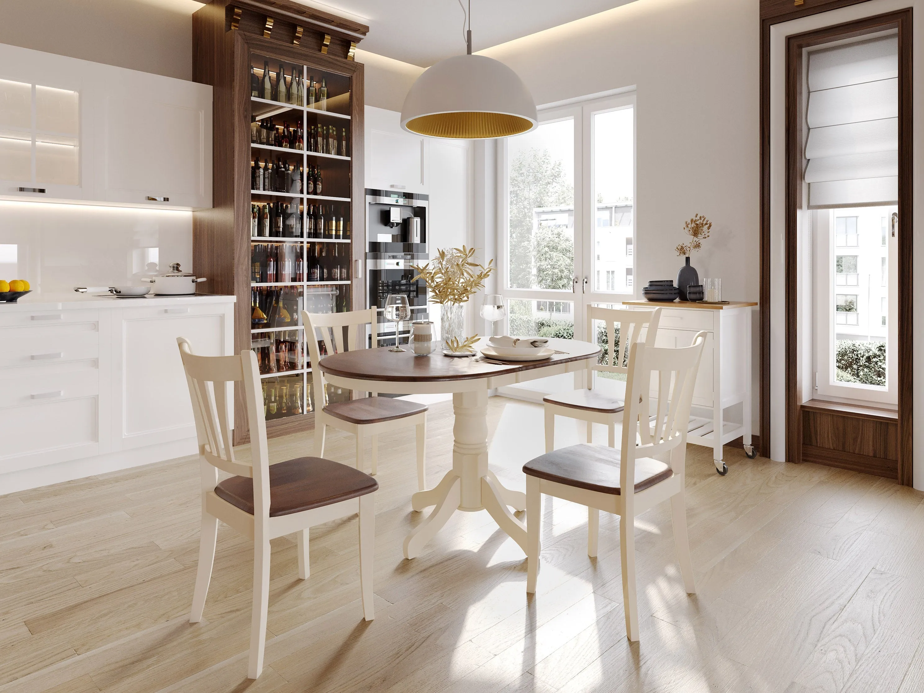 Dark Brown and Cream Extendable Oval Dining Table