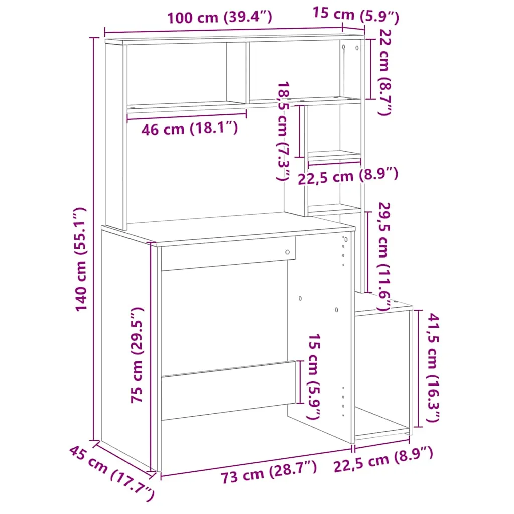 Desk with Shelves Black 100x45x140 cm Engineered Wood