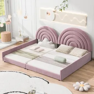 Double Bed Frame for Kids, Twin Size and Full Size Low Upholstered Beds Set, Velvet Two Princess Platform Beds with Semicircular Headboard for 2 Girls Boys Teens, Pink