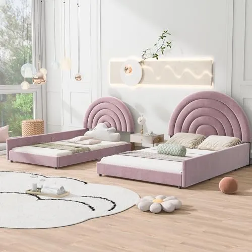 Double Bed Frame for Kids, Twin Size and Full Size Low Upholstered Beds Set, Velvet Two Princess Platform Beds with Semicircular Headboard for 2 Girls Boys Teens, Pink