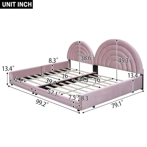 Double Bed Frame for Kids, Twin Size and Full Size Low Upholstered Beds Set, Velvet Two Princess Platform Beds with Semicircular Headboard for 2 Girls Boys Teens, Pink