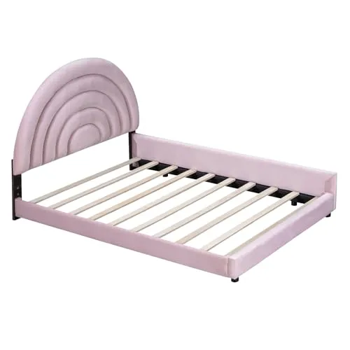 Double Bed Frame for Kids, Twin Size and Full Size Low Upholstered Beds Set, Velvet Two Princess Platform Beds with Semicircular Headboard for 2 Girls Boys Teens, Pink