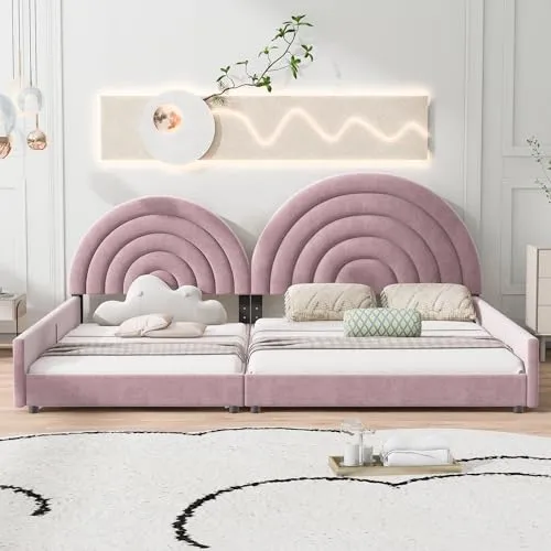 Double Bed Frame for Kids, Twin Size and Full Size Low Upholstered Beds Set, Velvet Two Princess Platform Beds with Semicircular Headboard for 2 Girls Boys Teens, Pink