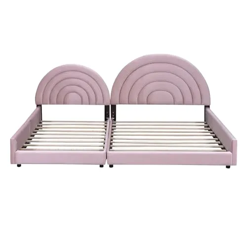 Double Bed Frame for Kids, Twin Size and Full Size Low Upholstered Beds Set, Velvet Two Princess Platform Beds with Semicircular Headboard for 2 Girls Boys Teens, Pink