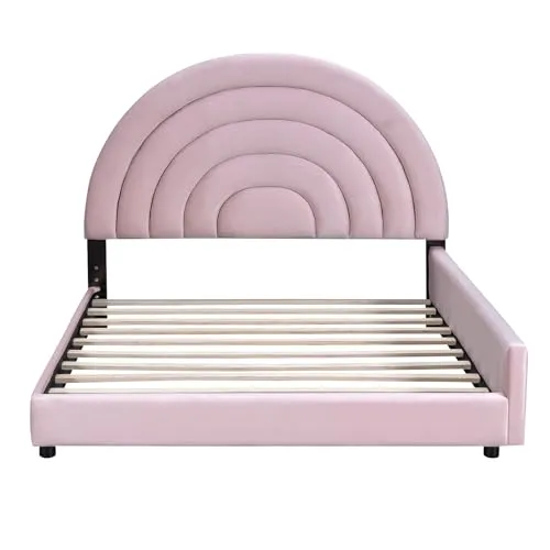 Double Bed Frame for Kids, Twin Size and Full Size Low Upholstered Beds Set, Velvet Two Princess Platform Beds with Semicircular Headboard for 2 Girls Boys Teens, Pink