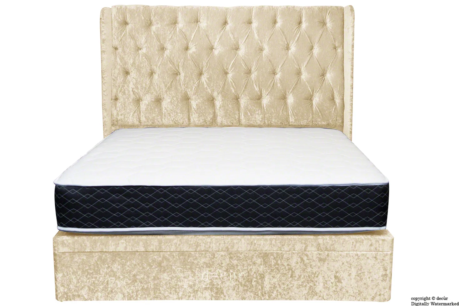 Elizabeth Winged Buttoned Crushed Velvet Bed - Buttermilk