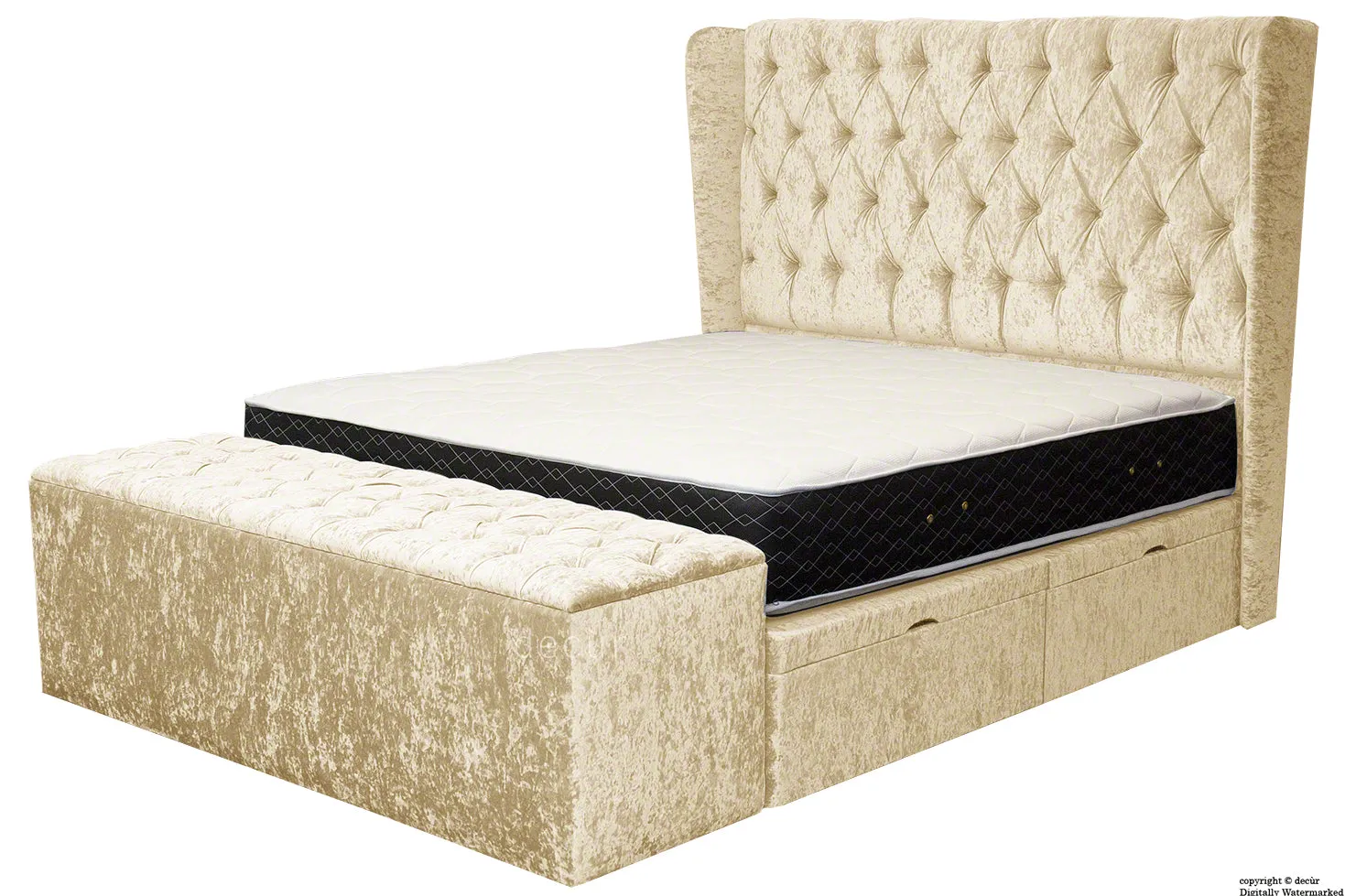 Elizabeth Winged Buttoned Crushed Velvet Bed - Buttermilk