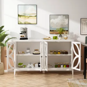 Freestanding Sideboard 2 Shelves Cabinet with Glass Doors for Living Room