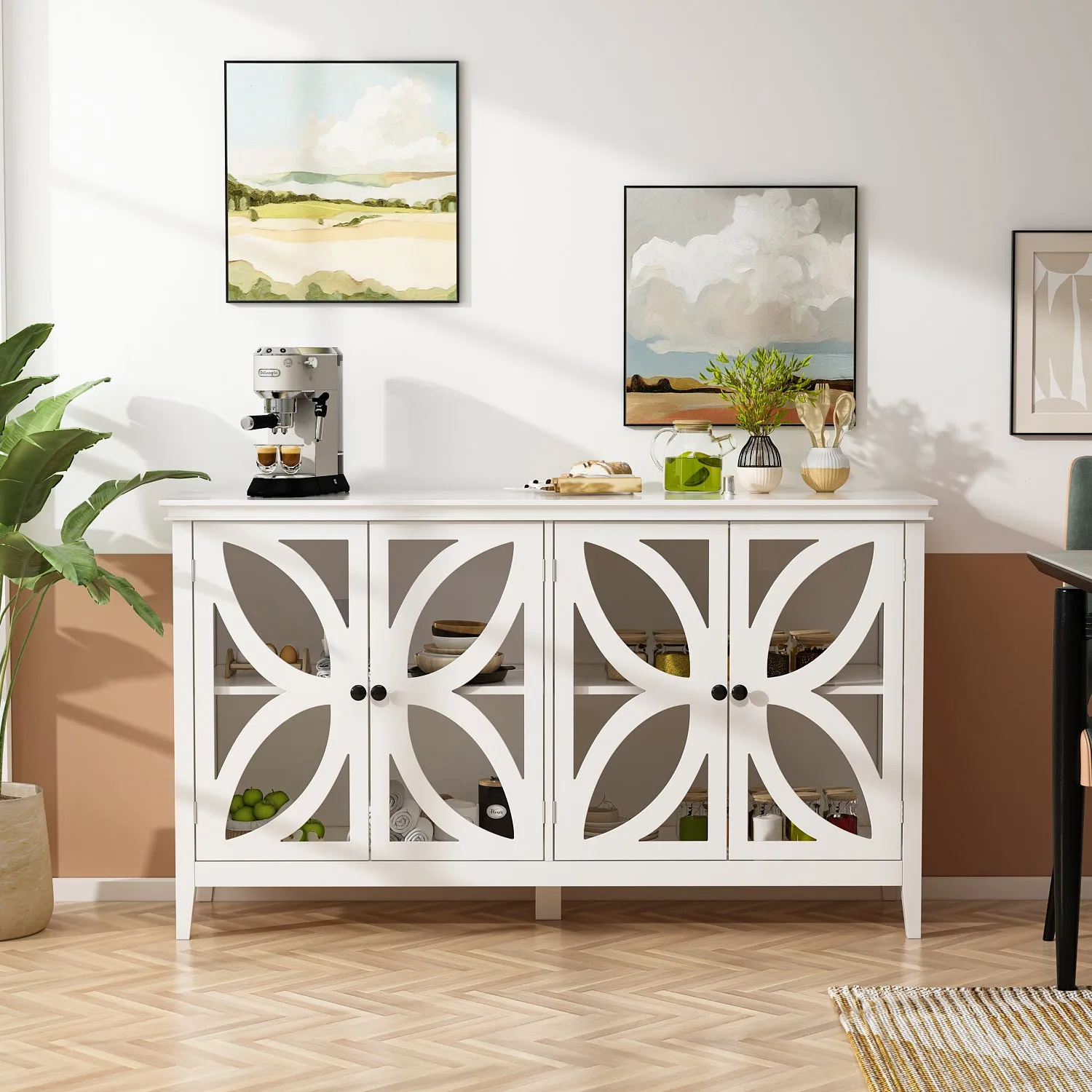 Freestanding Sideboard 2 Shelves Cabinet with Glass Doors for Living Room