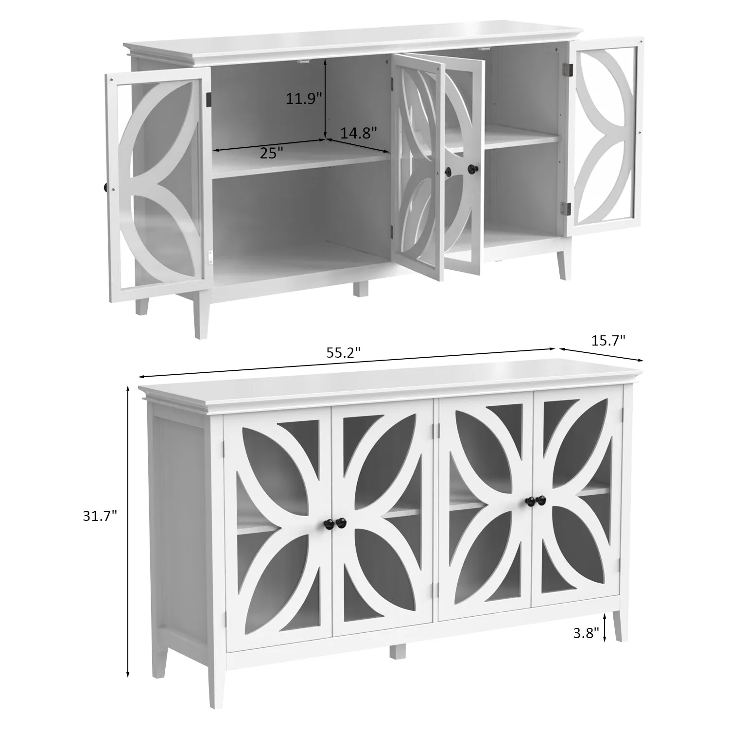 Freestanding Sideboard 2 Shelves Cabinet with Glass Doors for Living Room