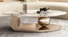 Golden Oval Ball Centre Table with White Marble Top - Iron