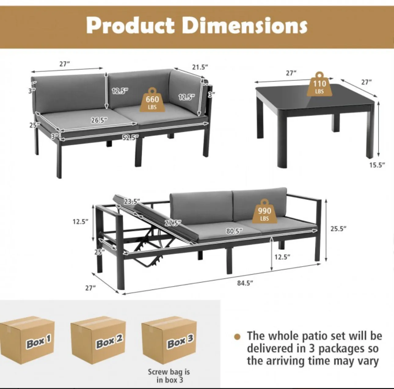 Heavy Duty Comfortable Modern 3-Piece Aluminum Patio Furniture Set With 6-Level Adjustable Backrest, Rustproof, Indoor, Outdoor