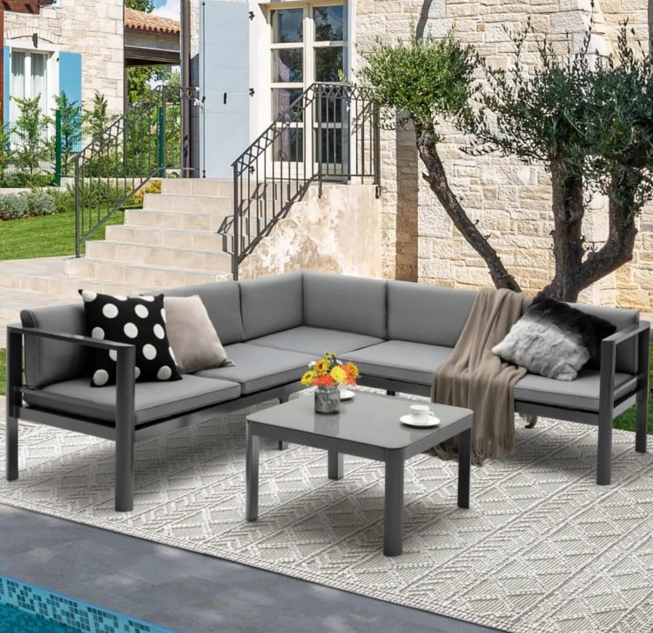 Heavy Duty Comfortable Modern 3-Piece Aluminum Patio Furniture Set With 6-Level Adjustable Backrest, Rustproof, Indoor, Outdoor