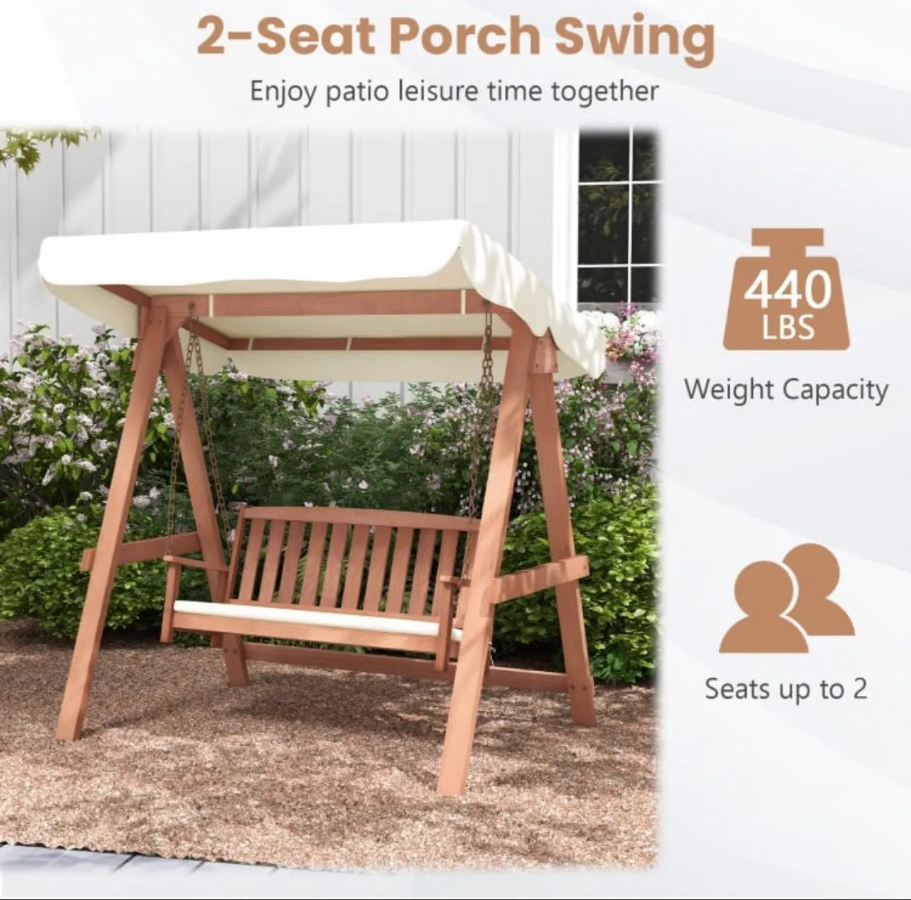 Heavy Duty Comfortable Patio Outdoor 2-Seater Swing Bench | Heavy Duty Frame | Sturdy Metal Hanging Chains | Porch Canopy Swing | Waterproof