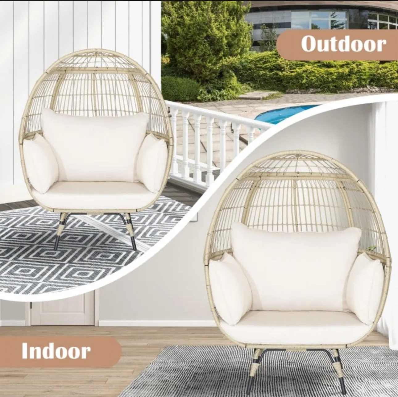 Heavy Duty XXL Rattan Patio Egg Lounge Chair For 2 People | Comes With 4 Thick Cushions | Rustproof | Indoor | Outdoor | Holds 450lbs