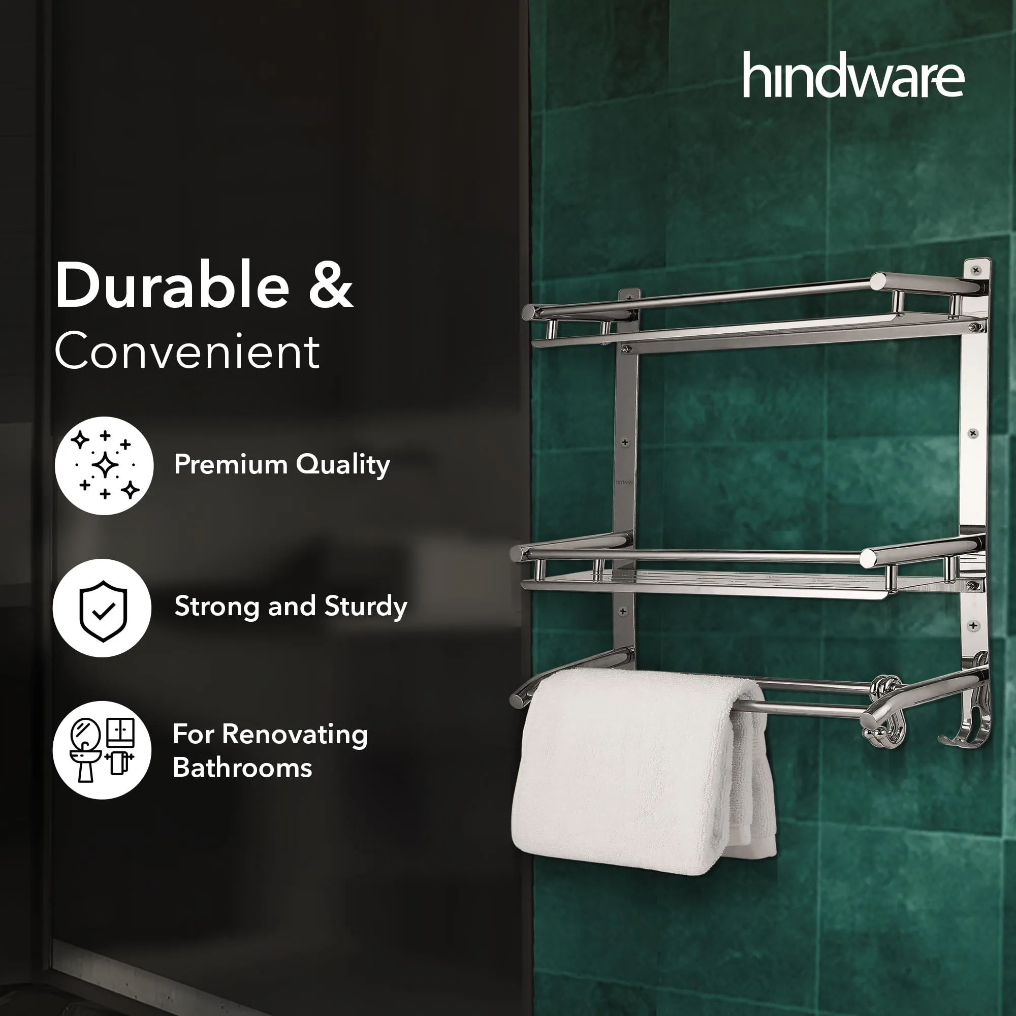 Hindware Bathroom Accessories 3-Layer Multi-Purpose Shelf | Made of Stainless Steel | Foldable & Convenient | Space Saving