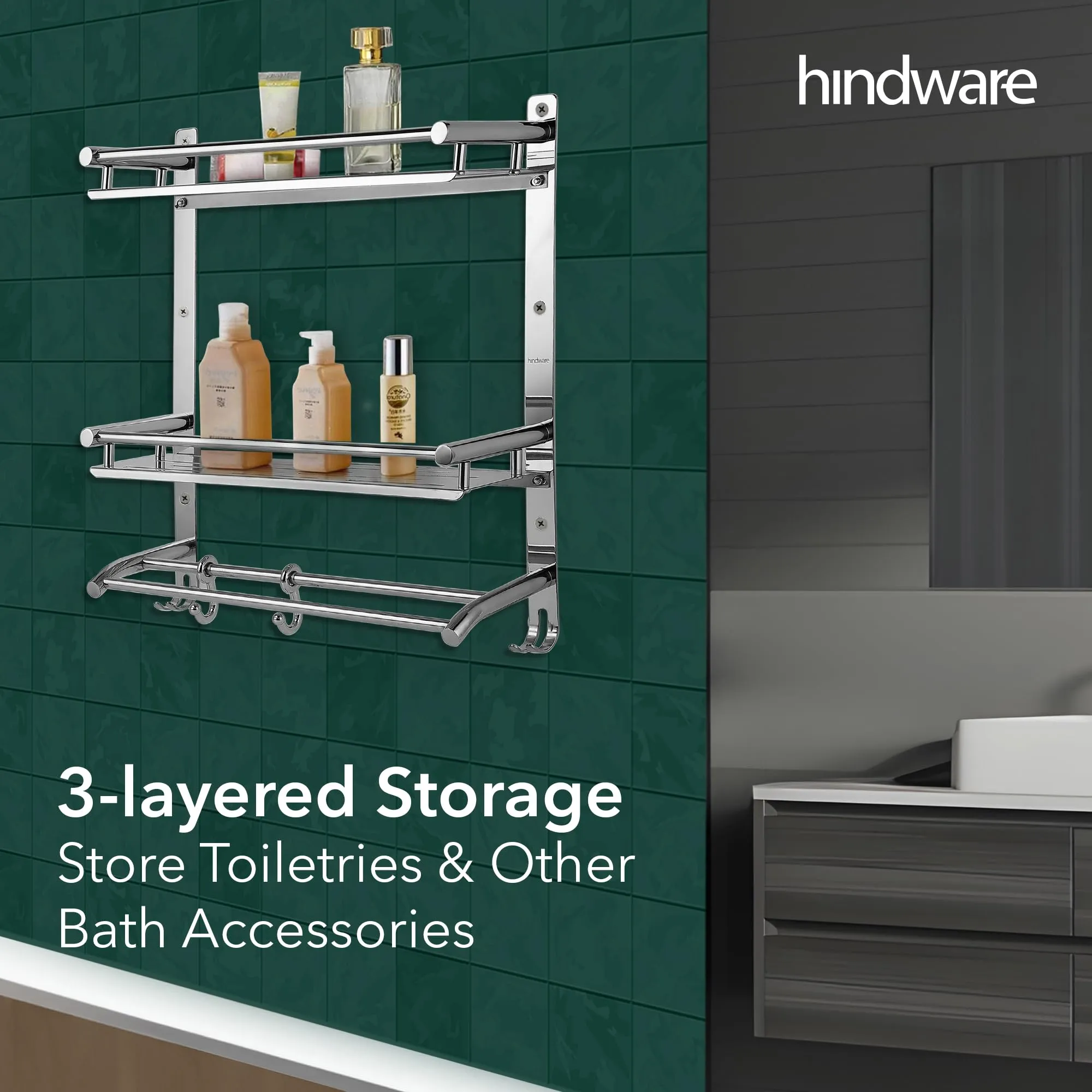 Hindware Bathroom Accessories 3-Layer Multi-Purpose Shelf | Made of Stainless Steel | Foldable & Convenient | Space Saving