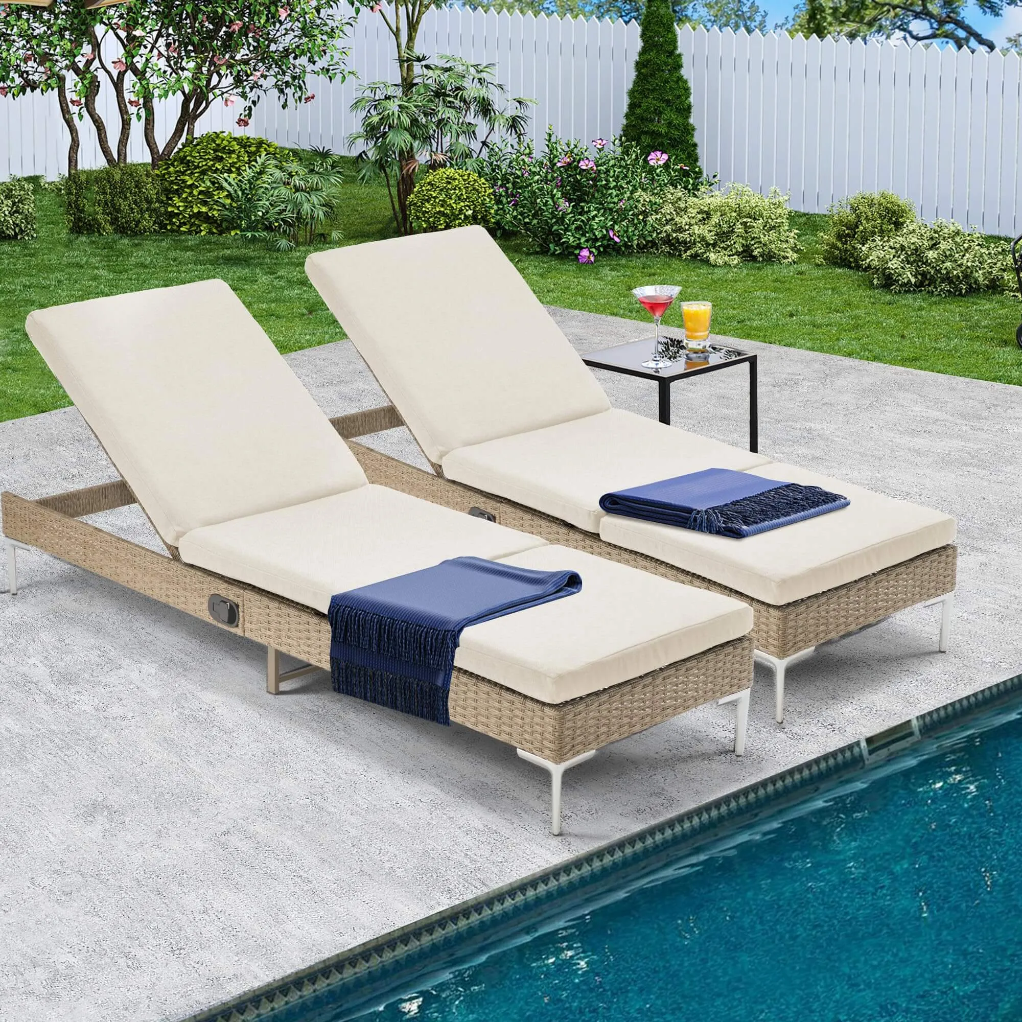 Homrest 2PCs Patio Chaise Lounge Chair Outdoor Clearance with Thickened Cushion, Stepless Adjustable with Gas Cylinder, Beige