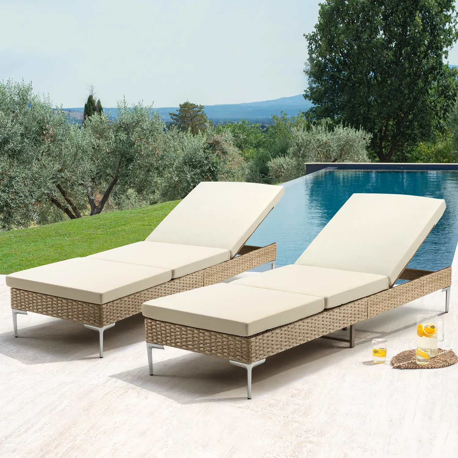 Homrest 2PCs Patio Chaise Lounge Chair Outdoor Clearance with Thickened Cushion, Stepless Adjustable with Gas Cylinder, Beige