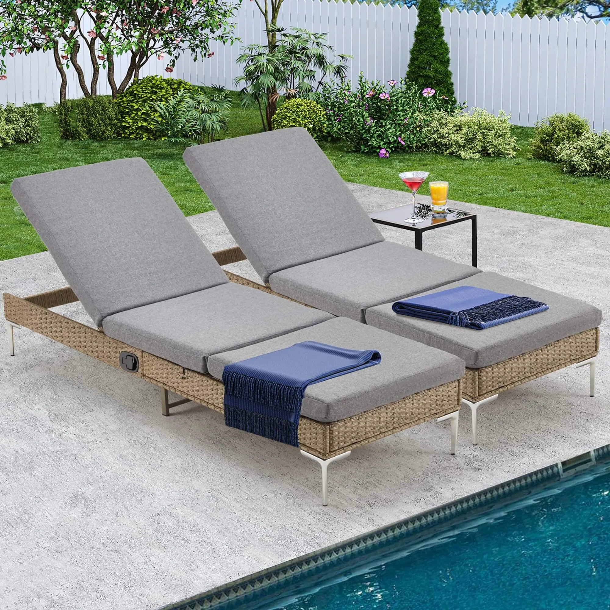 Homrest 2PCS Patio Rattan Chaise Lounge Chair Outdoor Wicker Recliner Thickened Cushion Stepless Adjustable with Gas Cylinder, Gray