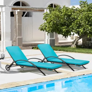 HOMREST Outdoor Chaise Lounge Chair Clearance Set of 2, PE Rattan Wicker Pool Lounge Chair with Wheels for Poolside (Blue)